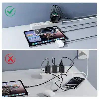 Charging setup with multiple devices, highlighting organized cable management and high-tech accessories for Apple products.