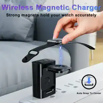 Wireless magnetic charger with strong magnets for secure watch charging, featuring auto snap to center for effortless alignment. Perfect for smartwatches, ensuring quick and accurate power delivery.
