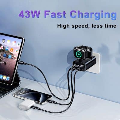 43W fast charging power adapter charging multiple devices including smartphone and smartwatch, emphasizing fast, high-speed charging for electronics.