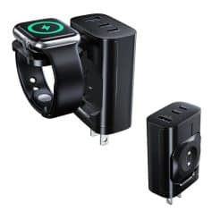 Wireless charging smartwatch and portable power bank for medical and tech convenience.