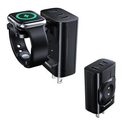 Wireless charging smartwatch and portable power bank for medical and tech convenience.