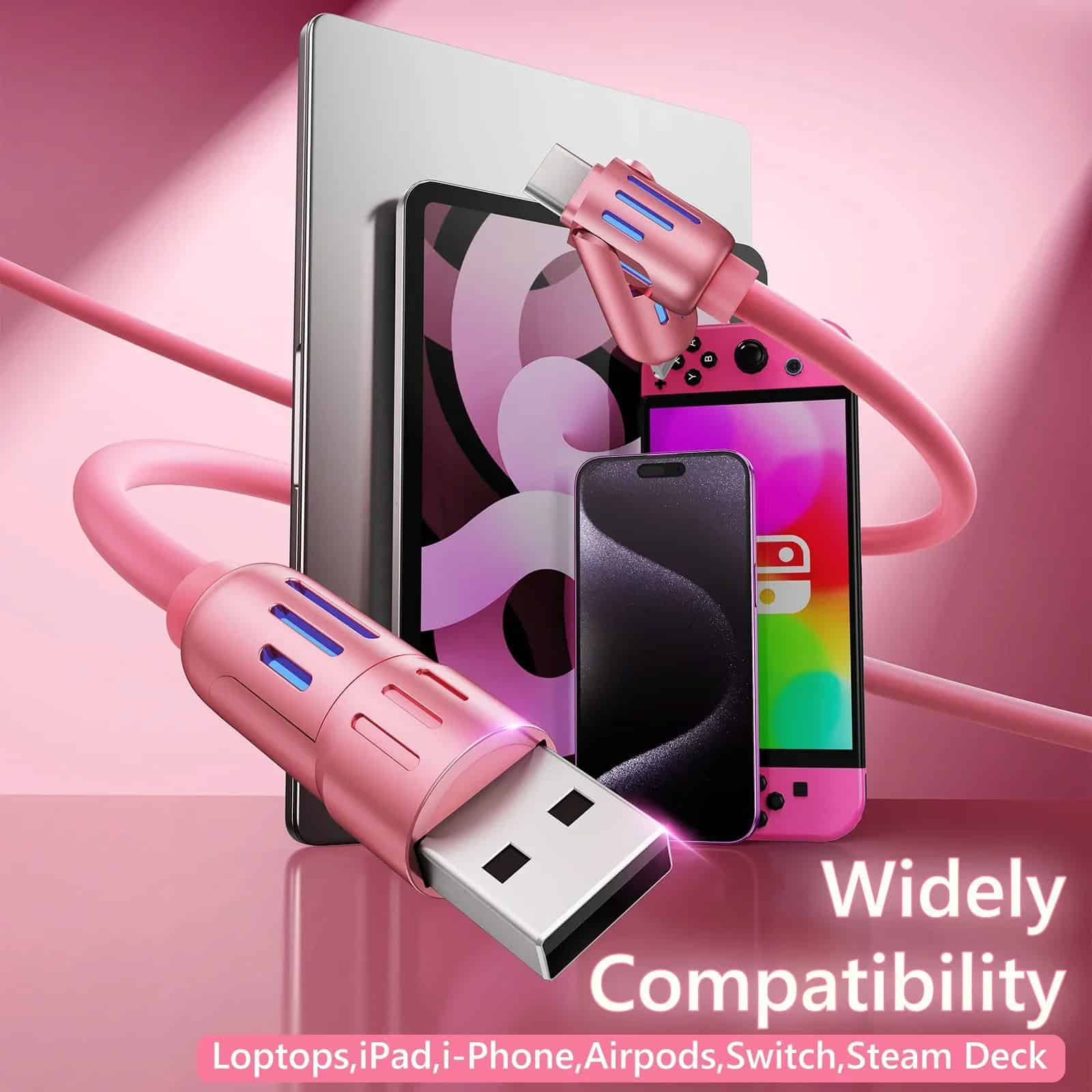 USB-C charging cable and accessories compatible with laptops, iPads, iPhones, AirPods, Switch, and Steam Deck, offering wide compatibility for all your electronic devices.