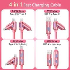 Pink fast charging cables for smartphones and devices, compatible with Type-C, Lightning, and USB A interfaces, showcasing 240W, 65W, 30W, and 12W power options for efficient charging.