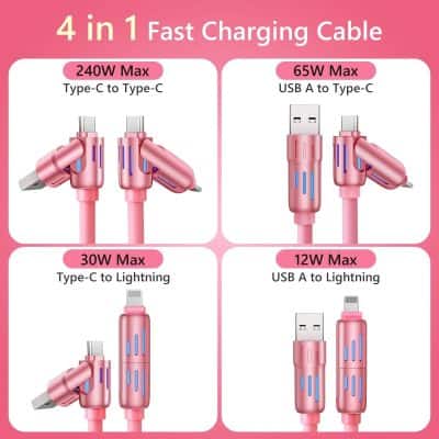 Pink fast charging cables for smartphones and devices, compatible with Type-C, Lightning, and USB A interfaces, showcasing 240W, 65W, 30W, and 12W power options for efficient charging.