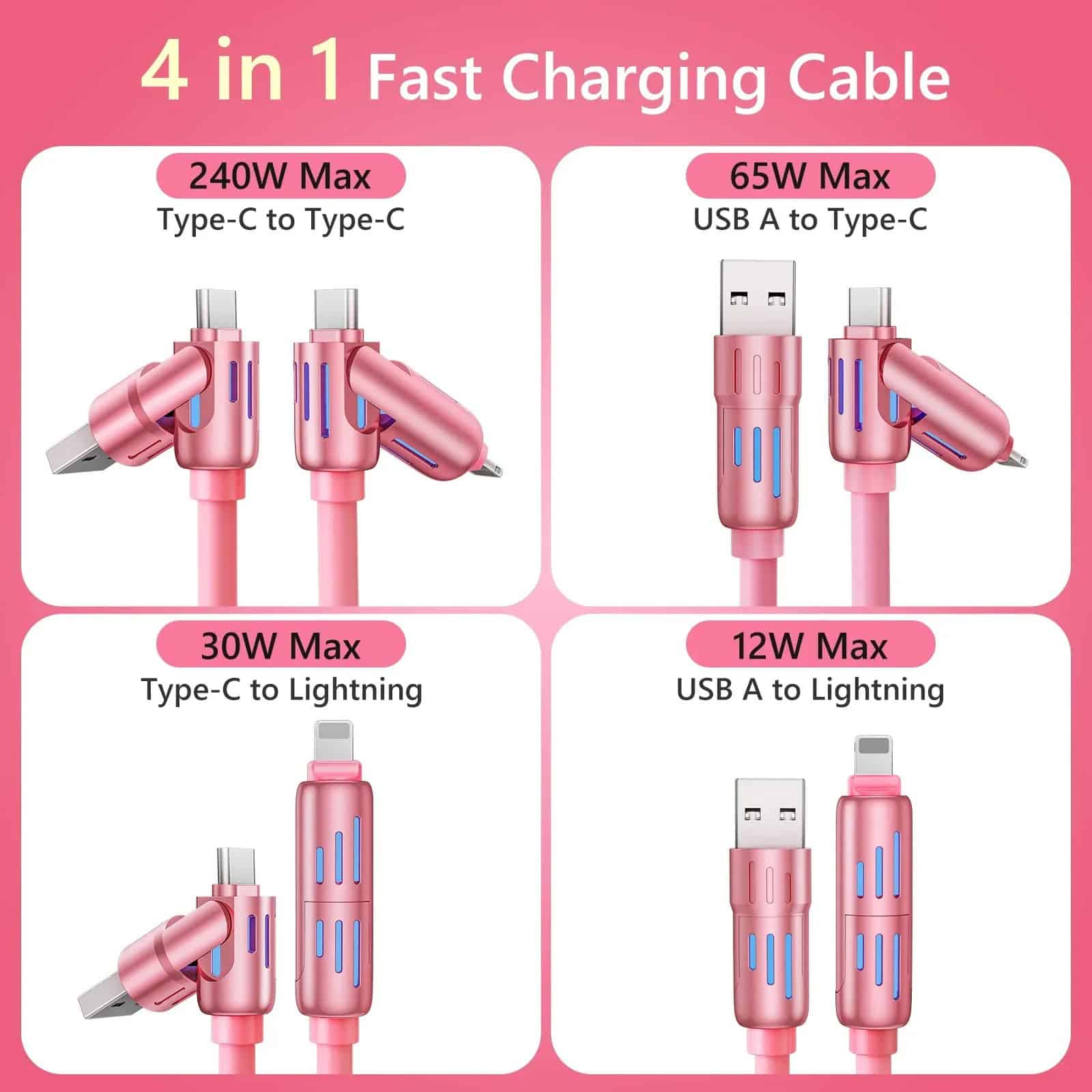 Pink fast charging cables for smartphones and devices, compatible with Type-C, Lightning, and USB A interfaces, showcasing 240W, 65W, 30W, and 12W power options for efficient charging.