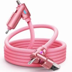 Pink LED USB charging cable with built-in LED indicator for electronic devices, compatible with smartphones and gadgets.