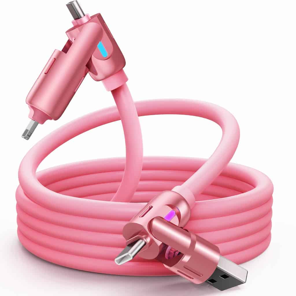 Pink LED USB charging cable with built-in LED indicator for electronic devices, compatible with smartphones and gadgets.