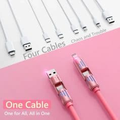 High-quality white charging cables and two pink multi-functional charging cables with LED indicators on a split pink and white background. Perfect for electronic device charging, organization, and convenience.