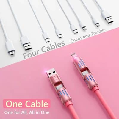 High-quality white charging cables and two pink multi-functional charging cables with LED indicators on a split pink and white background. Perfect for electronic device charging, organization, and convenience.