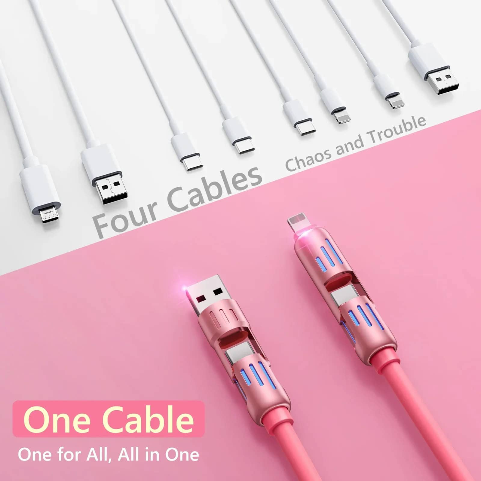 High-quality white charging cables and two pink multi-functional charging cables with LED indicators on a split pink and white background. Perfect for electronic device charging, organization, and convenience.