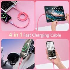 Pink fast charging multi-use cable for smartphones, tablets, cars, and social media devices, compatible with various electronic gadgets for quick and convenient charging needs.