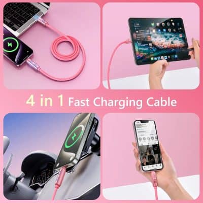 Pink fast charging multi-use cable for smartphones, tablets, cars, and social media devices, compatible with various electronic gadgets for quick and convenient charging needs.