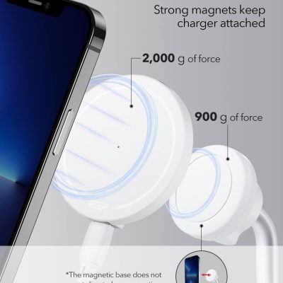 Magnetic wireless charger for smartphones featuring strong magnetic lock and high force support, ideal for seamless charging on Monalisa Store products.