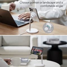 Wireless phone holder display stands, perfect for portrait and landscape modes, offering 360-degree rotation for optimal viewing angles—ideal for tech stores and retail displays.