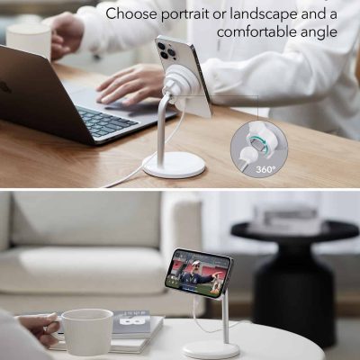 Wireless phone holder display stands, perfect for portrait and landscape modes, offering 360-degree rotation for optimal viewing angles—ideal for tech stores and retail displays.