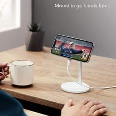 Wireless phone stand for hands-free viewing, ideal for doctors and healthcare professionals.