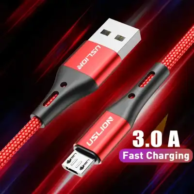 USB charging cable with fast charging capability, 3.0A current, red braided design, compatible with various electronic devices.