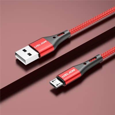 High-quality red and gray USB charging cable with braided exterior, designed for fast data transfer and durability, suitable for various electronic devices.