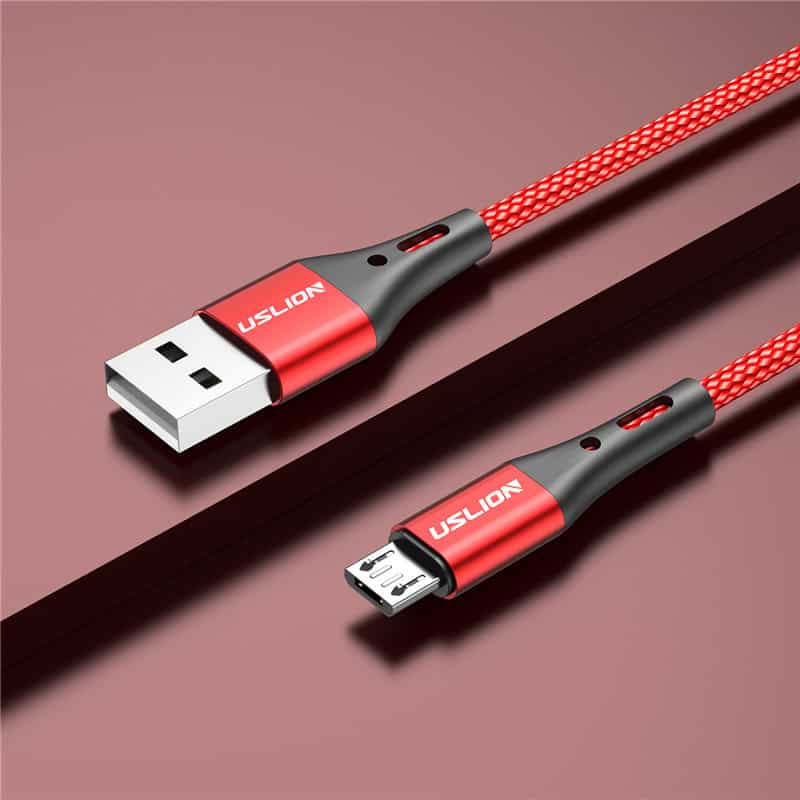 High-quality red and gray USB charging cable with braided exterior, designed for fast data transfer and durability, suitable for various electronic devices.