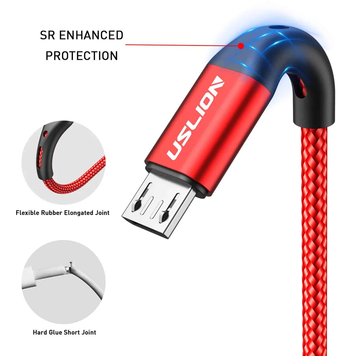 Durable red USB cable with flexible rubber joints and enhanced protection, ideal for fast data transfer and charging, perfect for tech accessories and device connectivity.