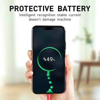 49% rechargeable smartphone battery with intelligent recognition technology, safe current flow to prevent damage, displayed on a modern mobile device.