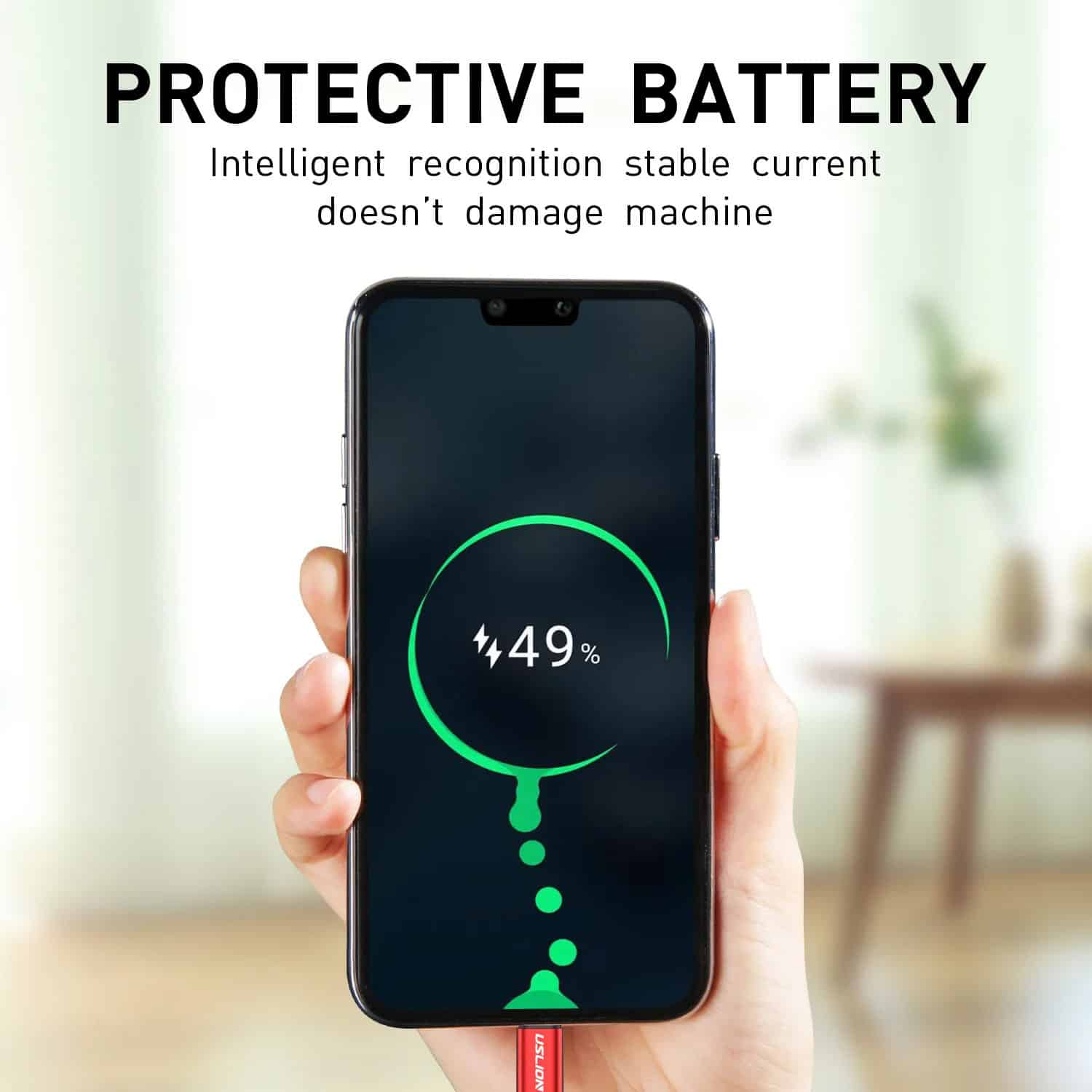 49% rechargeable smartphone battery with intelligent recognition technology, safe current flow to prevent damage, displayed on a modern mobile device.