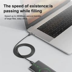 Fast data transfer cable connecting laptop and smartphone for rapid file sharing, emphasizing speedy office work and large file management at Monalisa Store.