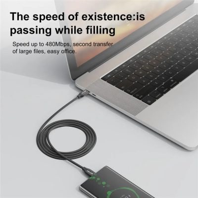 Fast data transfer cable connecting laptop and smartphone for rapid file sharing, emphasizing speedy office work and large file management at Monalisa Store.