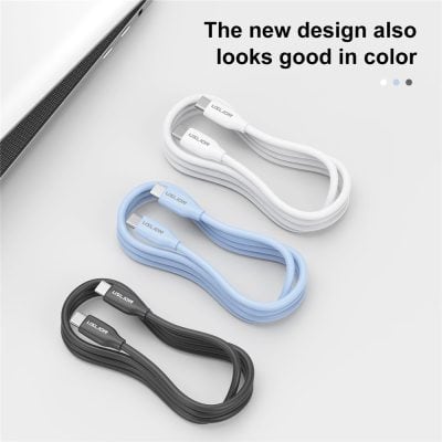 USB charging cables in black, white, and blue color options displayed on a clean white surface. Perfect accessories for electronic devices from Monalisa Store for tech-savvy customers.