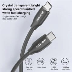 Ultra fast USB Type-C charging cable, 120W power delivery, silicone cord, compatible with smartphones and devices.