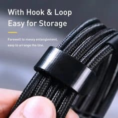 Braided cable management strap, hook and loop fastener for electronics storage, black adjustable cable tie for organization and tidy workspace, Monalisa Store opt product.