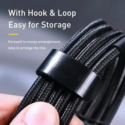 Braided cable management strap, hook and loop fastener for electronics storage, black adjustable cable tie for organization and tidy workspace, Monalisa Store opt product.