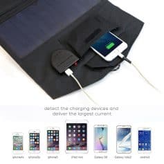 Solar power bank for mobile device charging, portable energy storage device for iPhone, Samsung Galaxy, and Android phones.