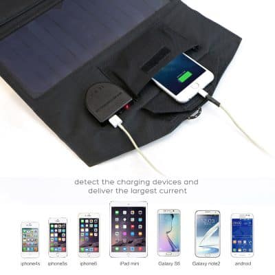 Solar power bank for mobile device charging, portable energy storage device for iPhone, Samsung Galaxy, and Android phones.