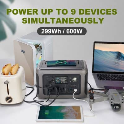 Power up to 9 devices simultaneously with high-capacity portable power station, supporting 299Wh / 600W, ideal for charging smartphones, tablets, drones, and other electronic devices during travel or outdoor activities.