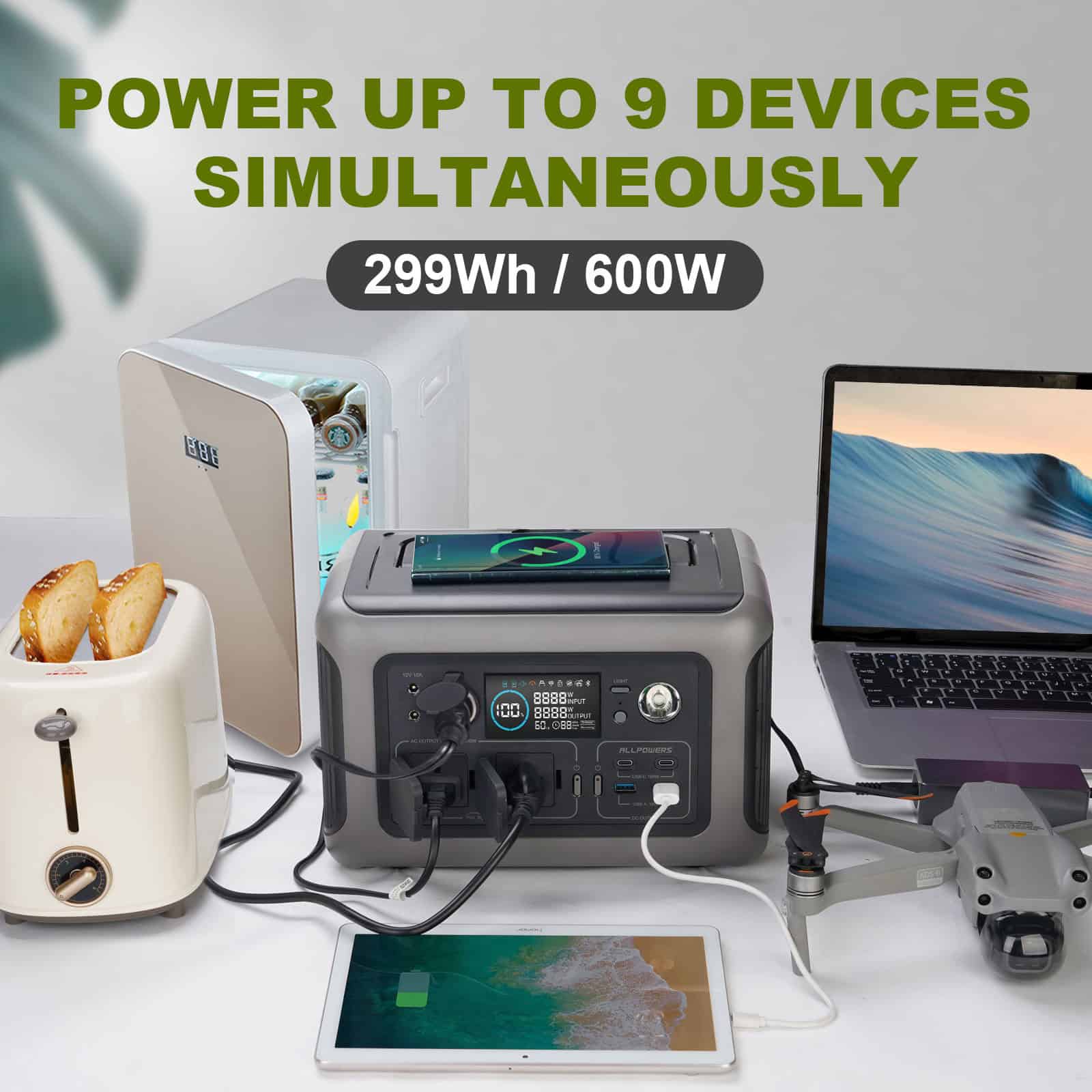 Power up to 9 devices simultaneously with high-capacity portable power station, supporting 299Wh / 600W, ideal for charging smartphones, tablets, drones, and other electronic devices during travel or outdoor activities.