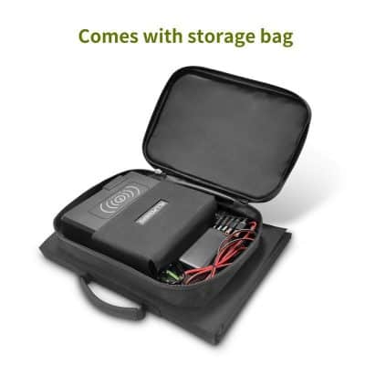 Portable medical device with storage case for advanced health monitoring and diagnostics, featuring wireless capabilities and rechargeable batteries.
