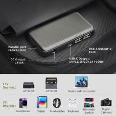 Portable power bank with multiple USB and DC output options for charging devices on the go.