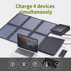 Charge 4 devices simultaneously with portable solar power station and solar panel system for eco-friendly energy. Perfect for outdoor camping, emergency backup, and off-grid power solutions.