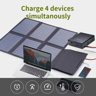 Charge 4 devices simultaneously with portable solar power station and solar panel system for eco-friendly energy. Perfect for outdoor camping, emergency backup, and off-grid power solutions.
