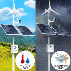 Solar-powered weather station with wind turbine and solar panels for climate monitoring, rain-resistant IP65 waterproof design, working in extreme temperatures from -40°C to +80°C, suitable for outdoor opt monitoring systems.