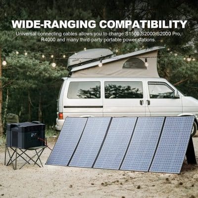Wide-ranging compatibility solar power system with portable energy stations, ideal for camping and outdoor activities.
