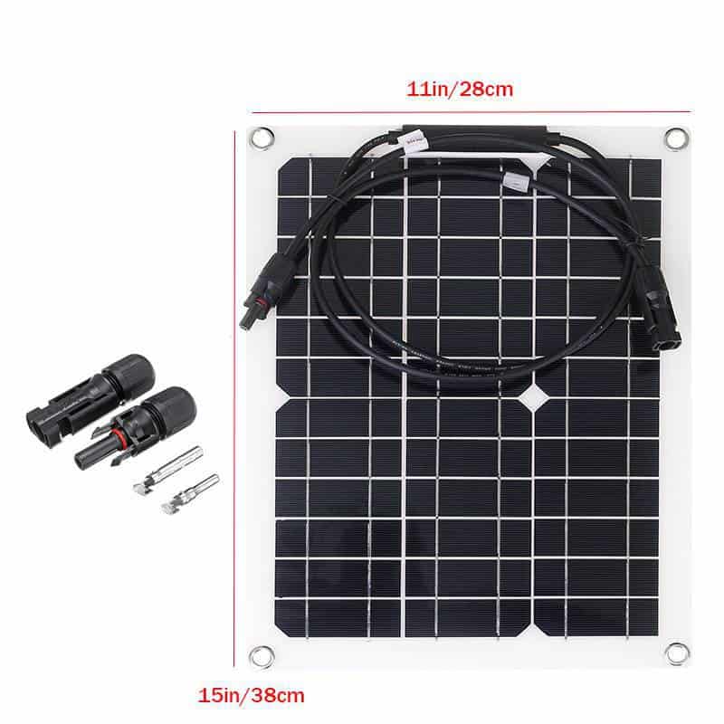 Flexible solar panel with wiring and connectors for solar energy systems, ideal for renewable energy applications.