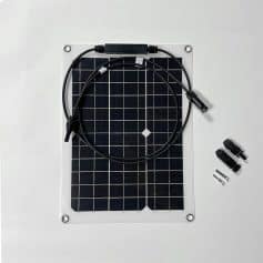 Flexible solar panel with connecting cables and connectors, ideal for eco-friendly energy solutions.