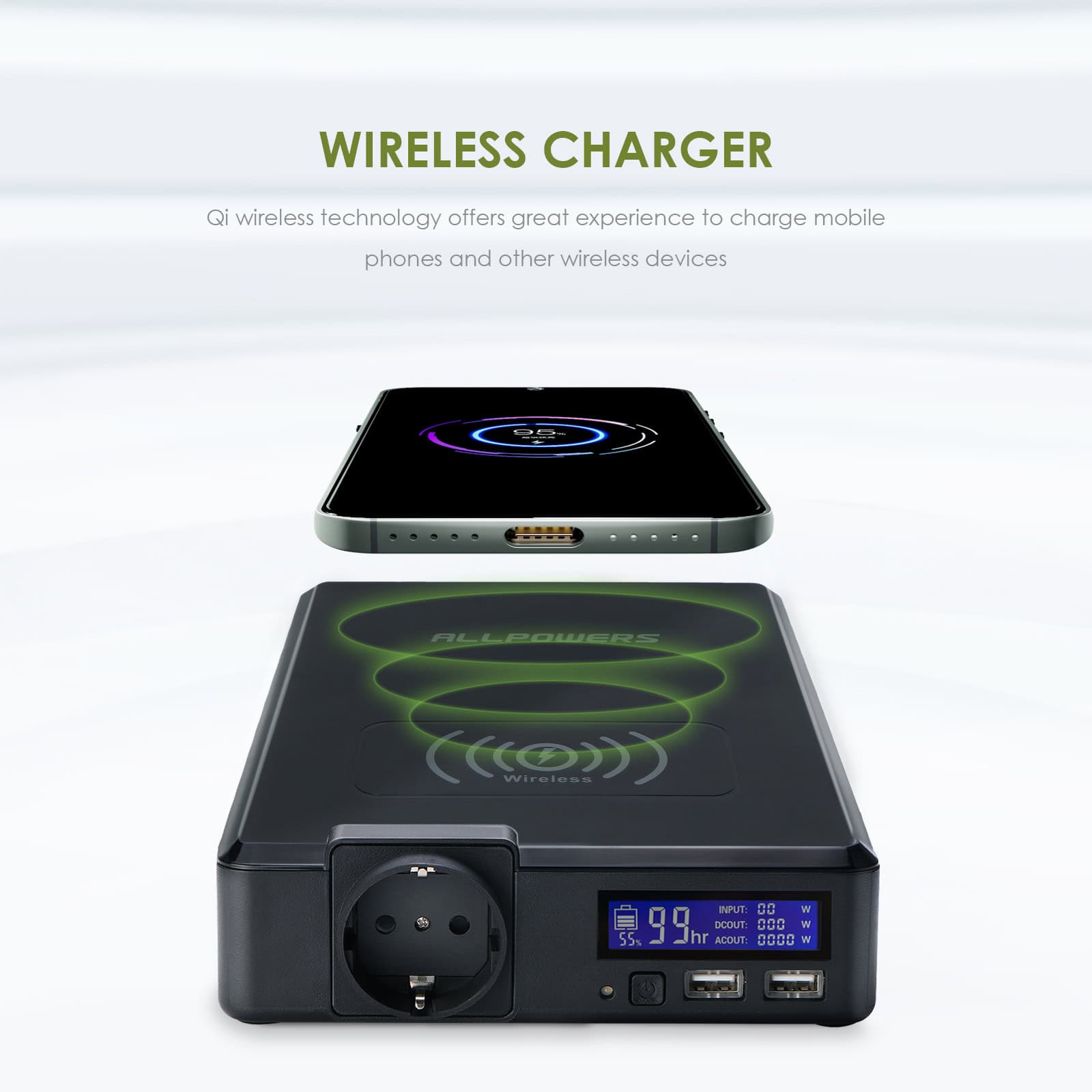 Wireless charging station for mobile phones and wireless devices at Monalisa Store, featuring Qi wireless technology for convenient, efficient charging solutions.