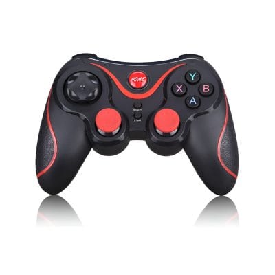 Wireless gaming controller with ergonomic design and colorful buttons for PlayStation and PC gaming.