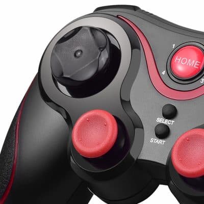 Gaming controller with red buttons and black joystick for PC gaming accessories.