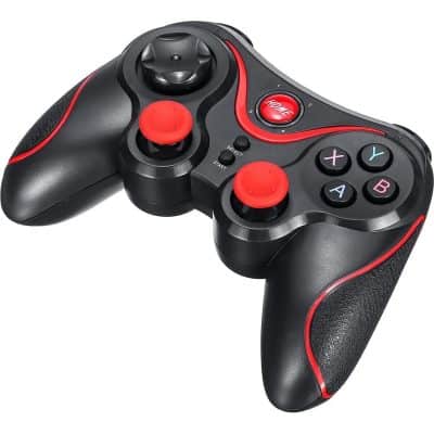 Game controller with black and red design, featuring multiple buttons and joysticks for gaming entertainment.