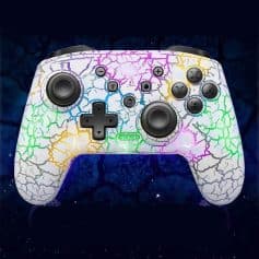 Lightweight gaming controller with vibrant, crackled rainbow design for enhanced gaming experience.