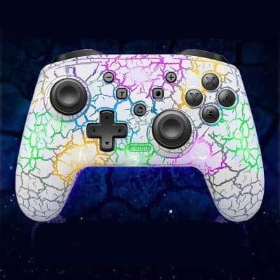 Lightweight gaming controller with vibrant, crackled rainbow design for enhanced gaming experience.